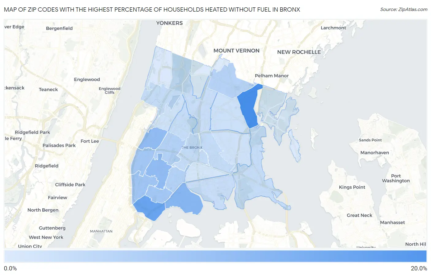 Zip Codes with the Highest Percentage of Households Heated without Fuel in Bronx Map