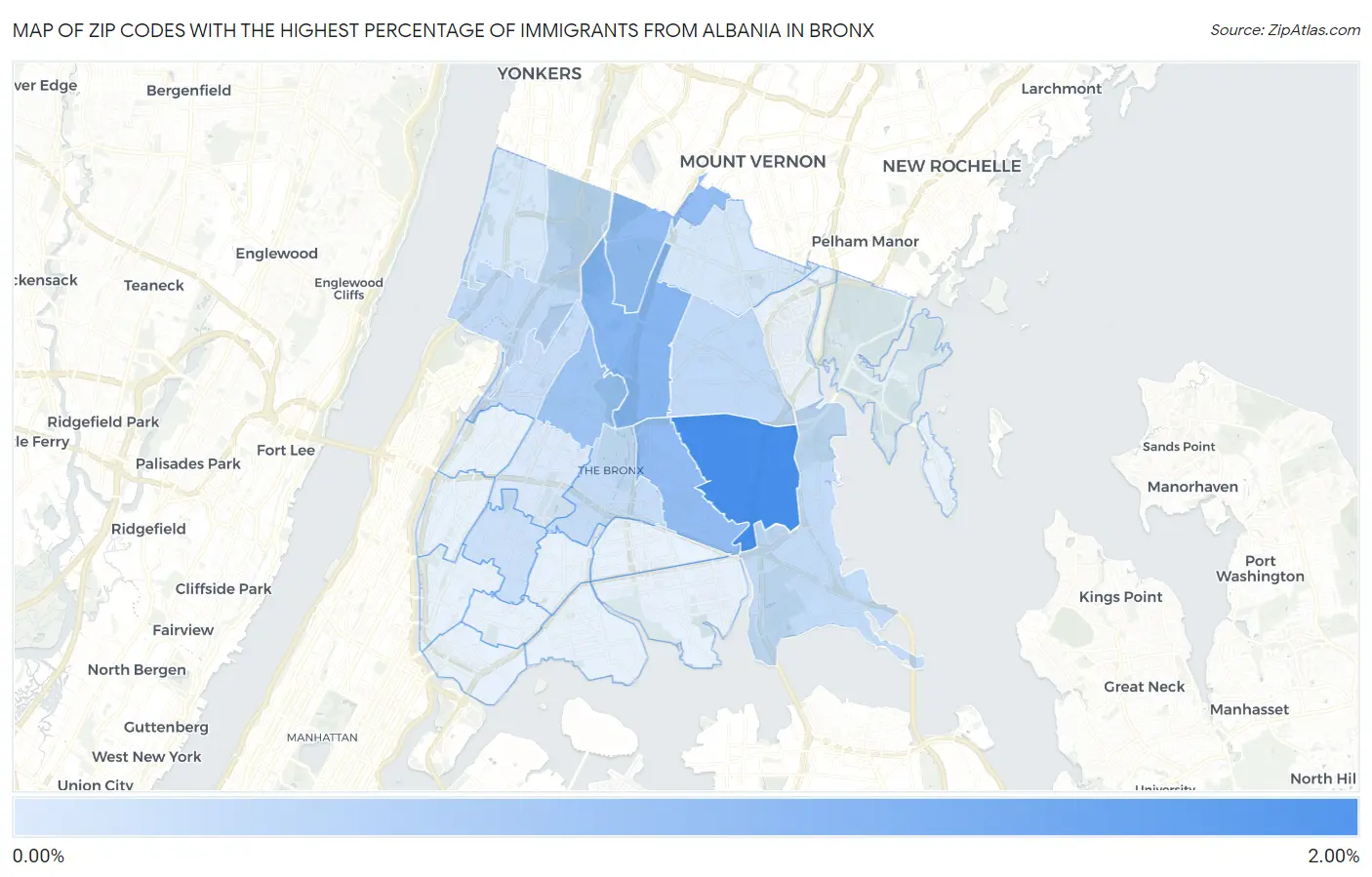 Zip Codes with the Highest Percentage of Immigrants from Albania in Bronx Map