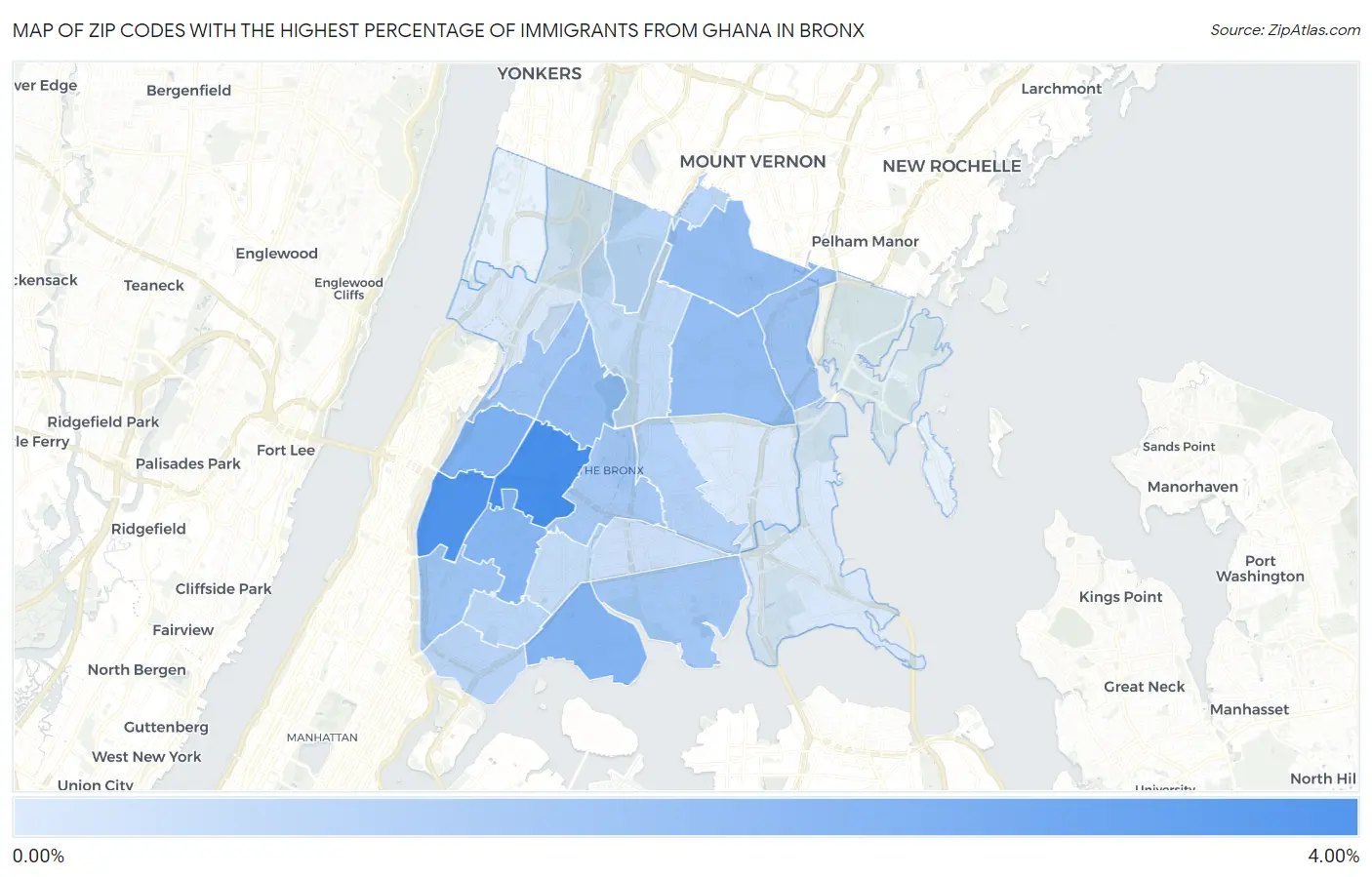 Zip Codes with the Highest Percentage of Immigrants from Ghana in Bronx Map