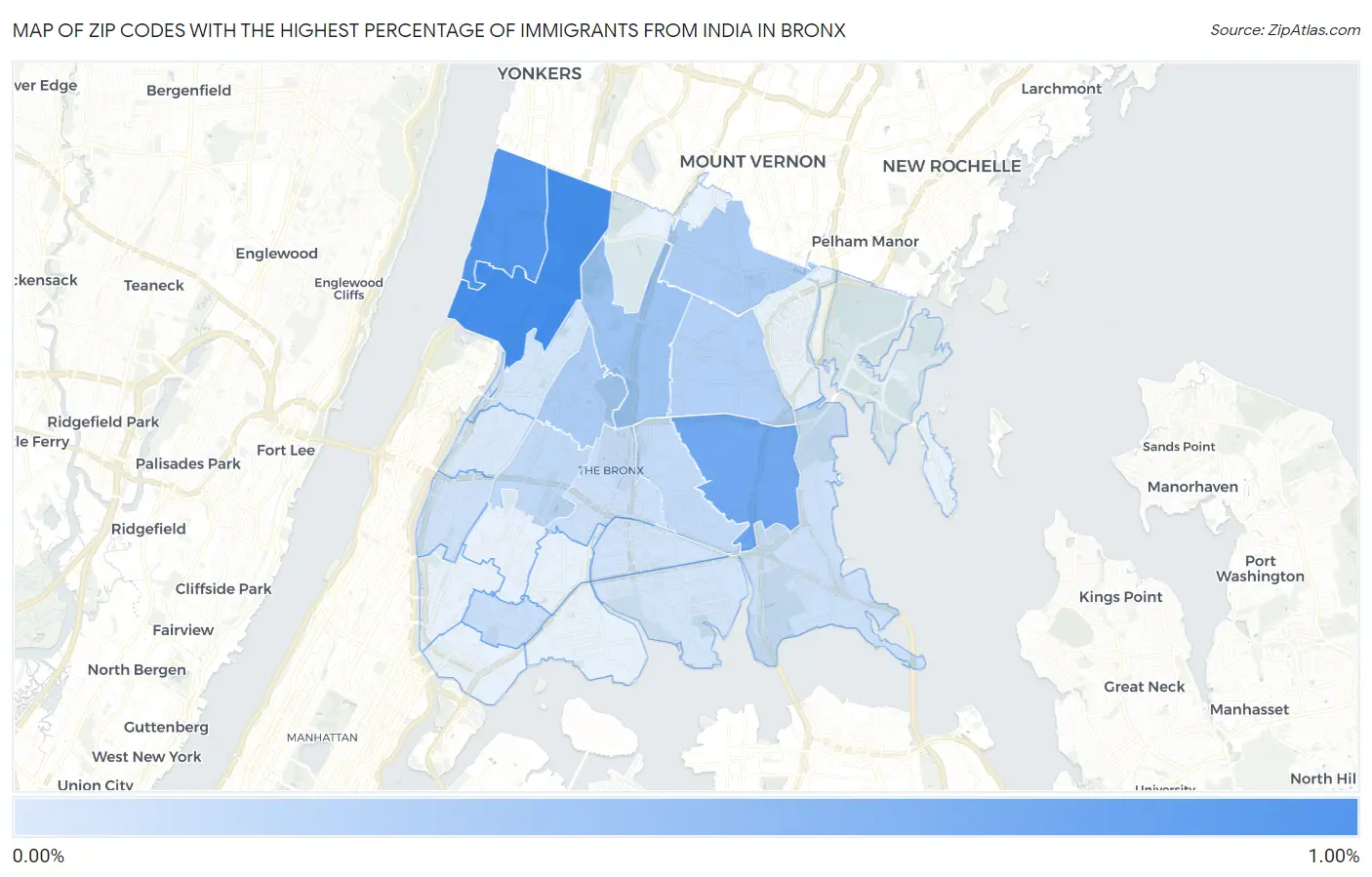 Zip Codes with the Highest Percentage of Immigrants from India in Bronx Map