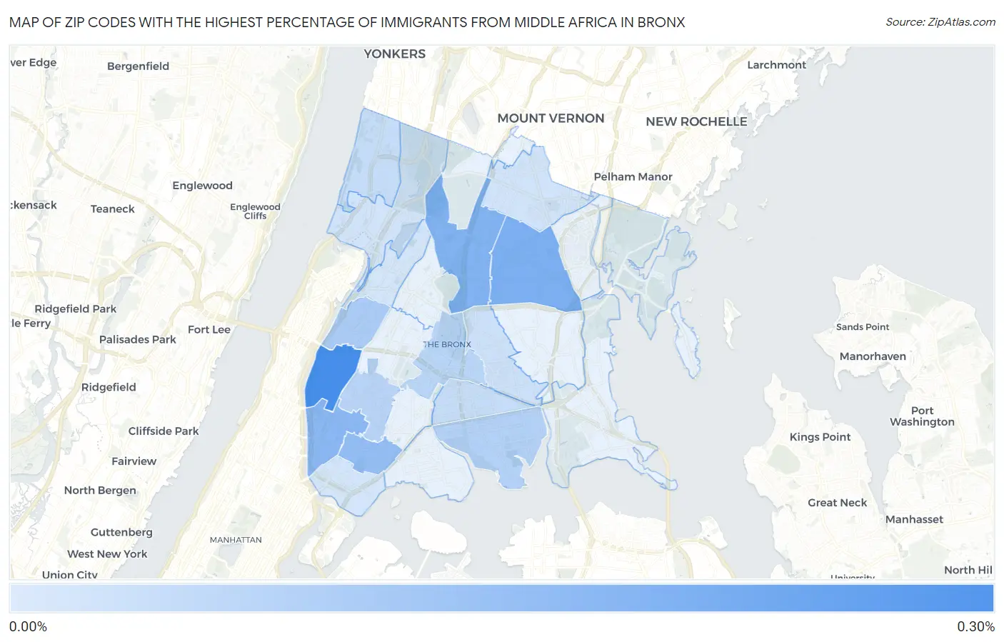 Zip Codes with the Highest Percentage of Immigrants from Middle Africa in Bronx Map