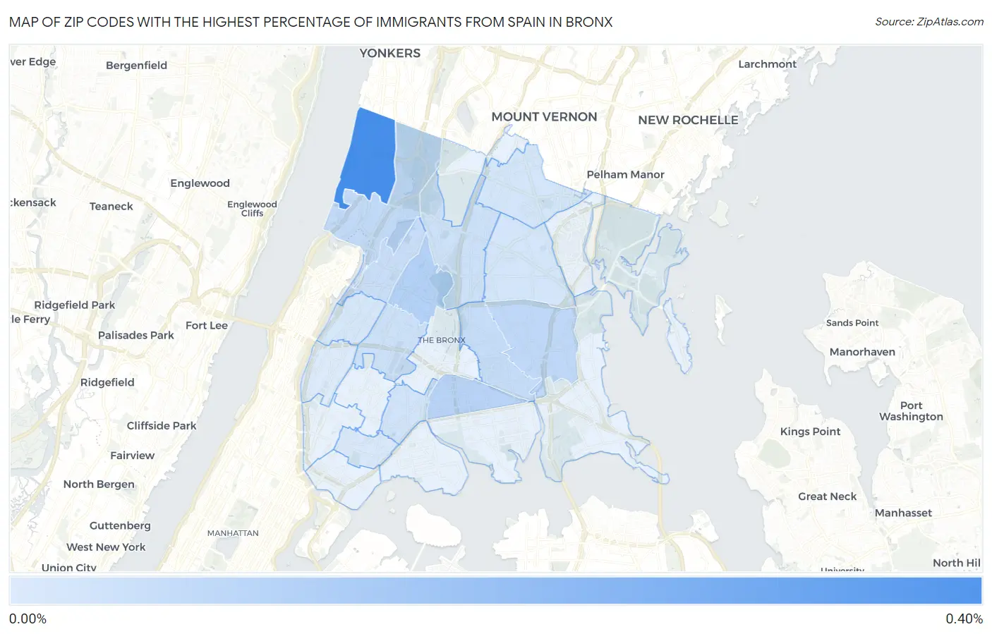 Zip Codes with the Highest Percentage of Immigrants from Spain in Bronx Map