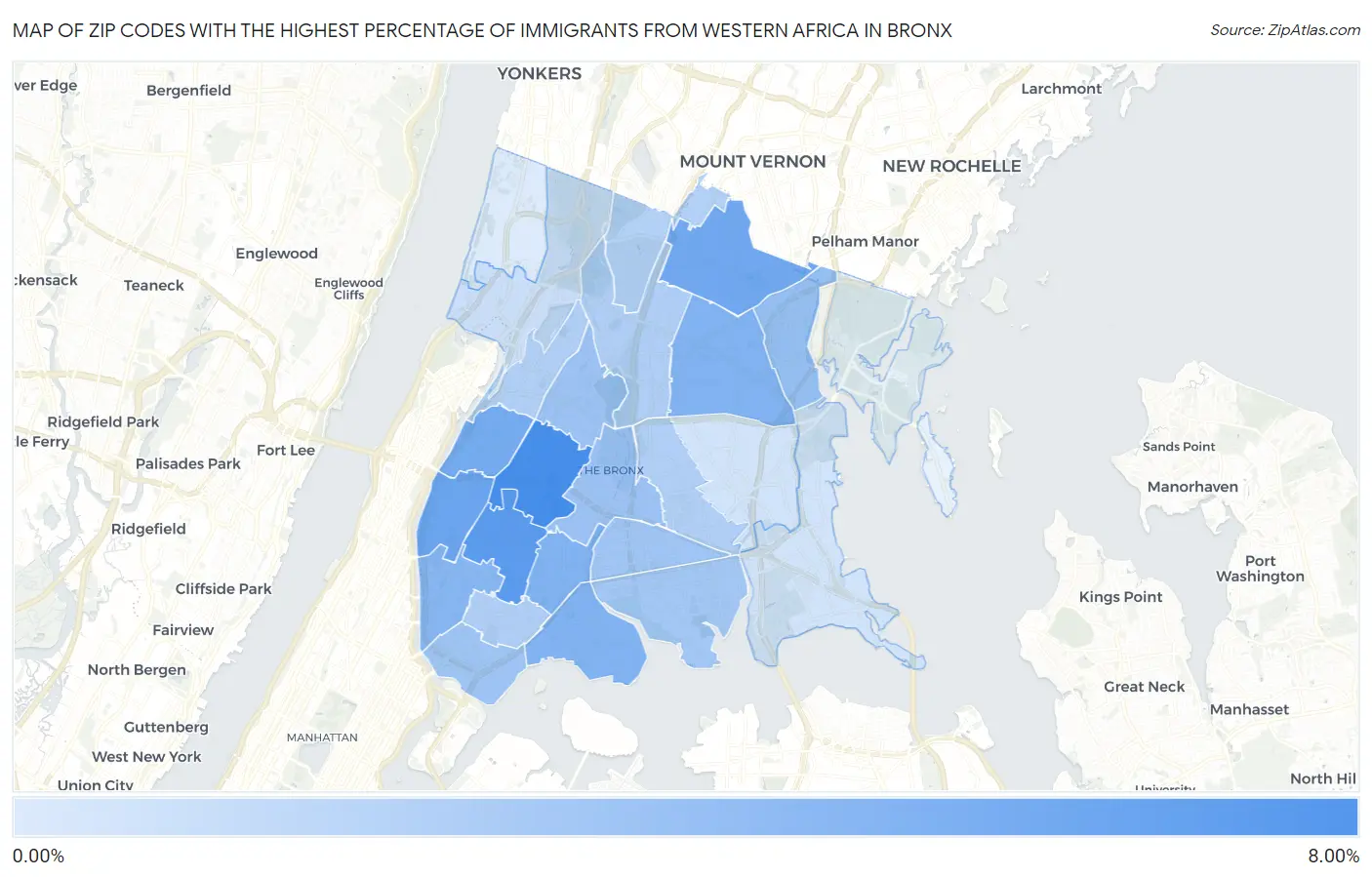 Zip Codes with the Highest Percentage of Immigrants from Western Africa in Bronx Map