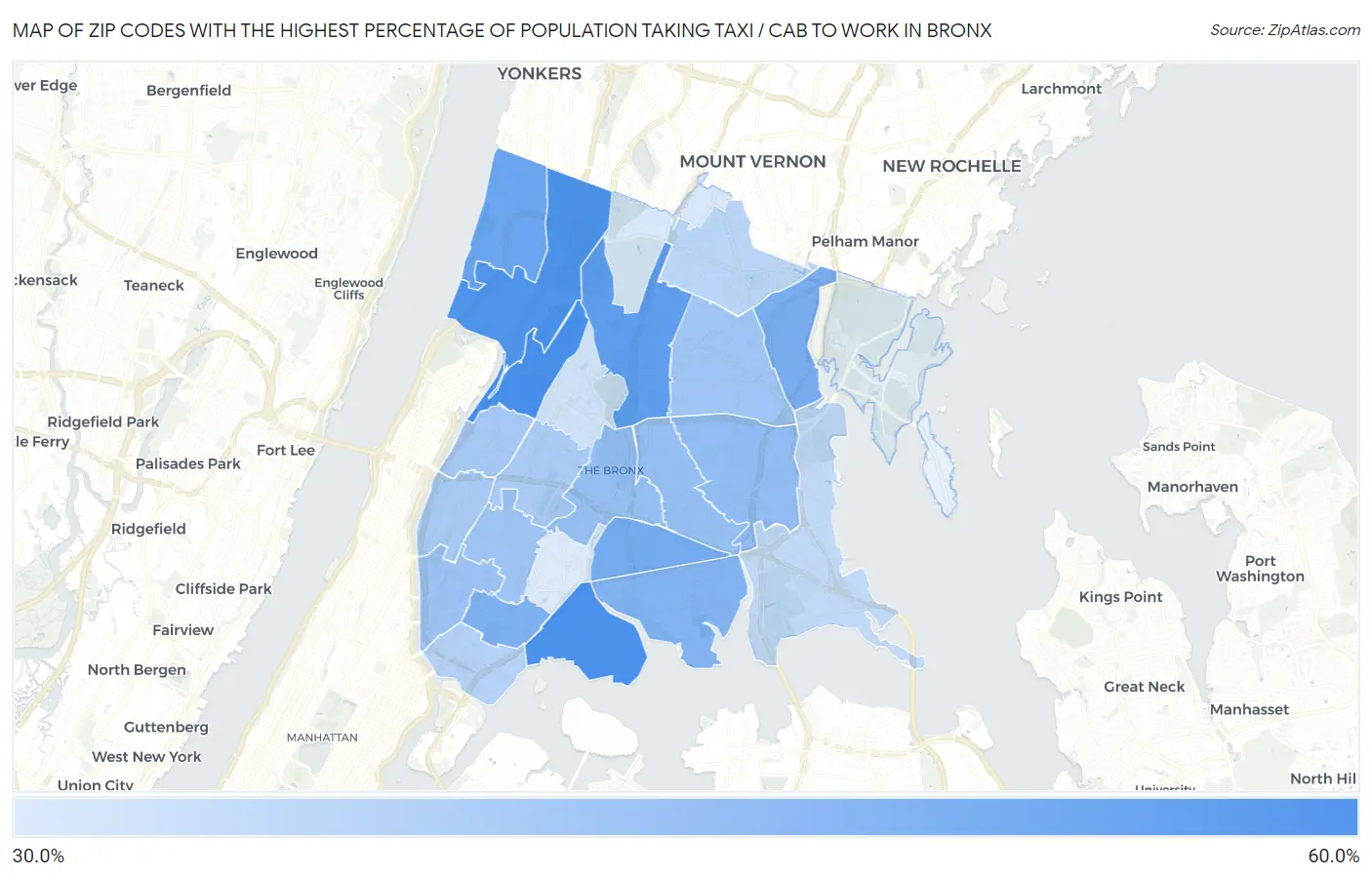Zip Codes with the Highest Percentage of Population Taking Taxi / Cab to Work in Bronx Map