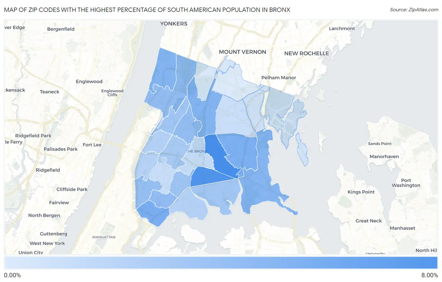 Zip Codes with the Highest Percentage of South American Population in Bronx Map