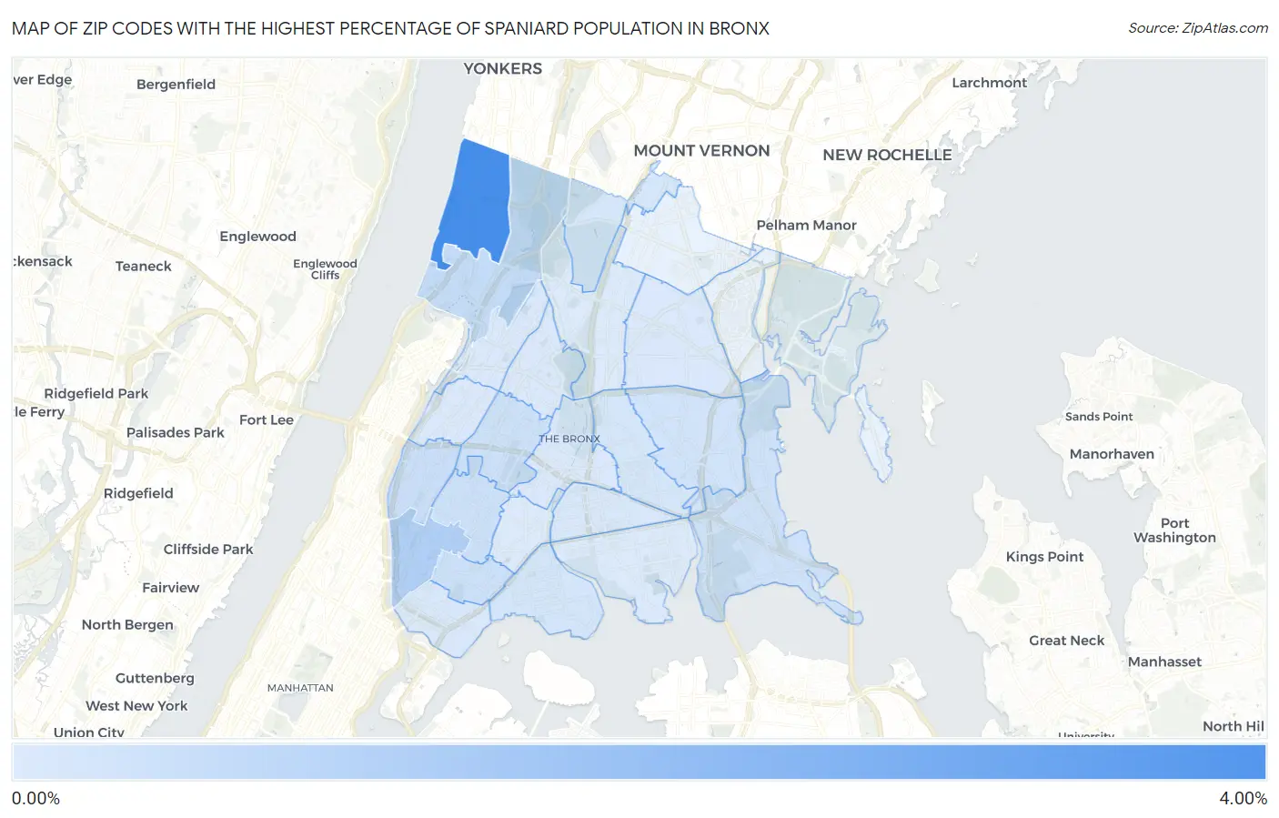 Zip Codes with the Highest Percentage of Spaniard Population in Bronx Map