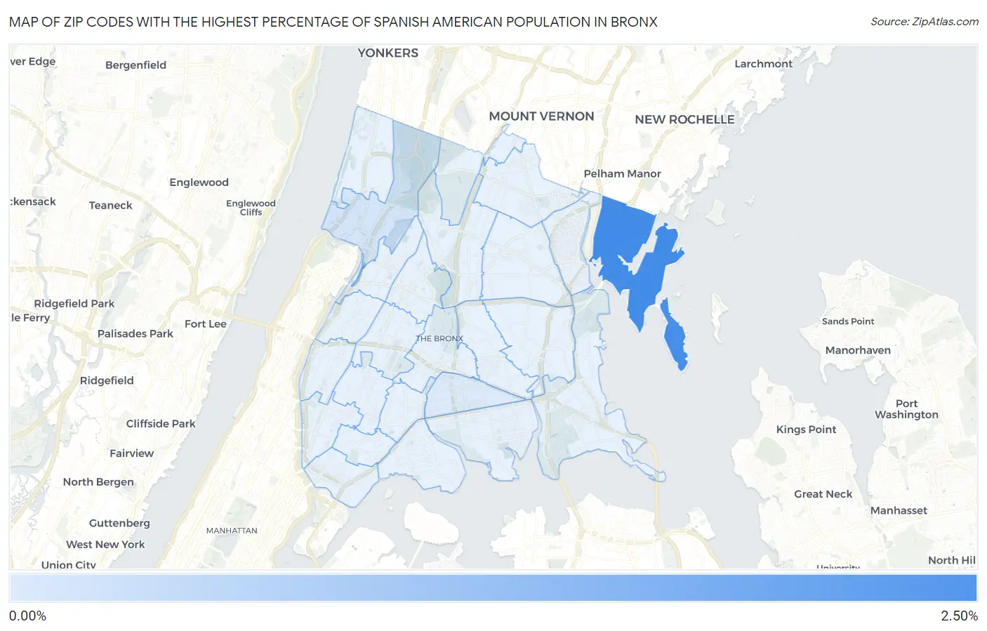 Zip Codes with the Highest Percentage of Spanish American Population in Bronx Map