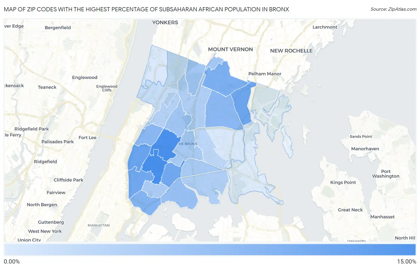Zip Codes with the Highest Percentage of Subsaharan African Population in Bronx Map