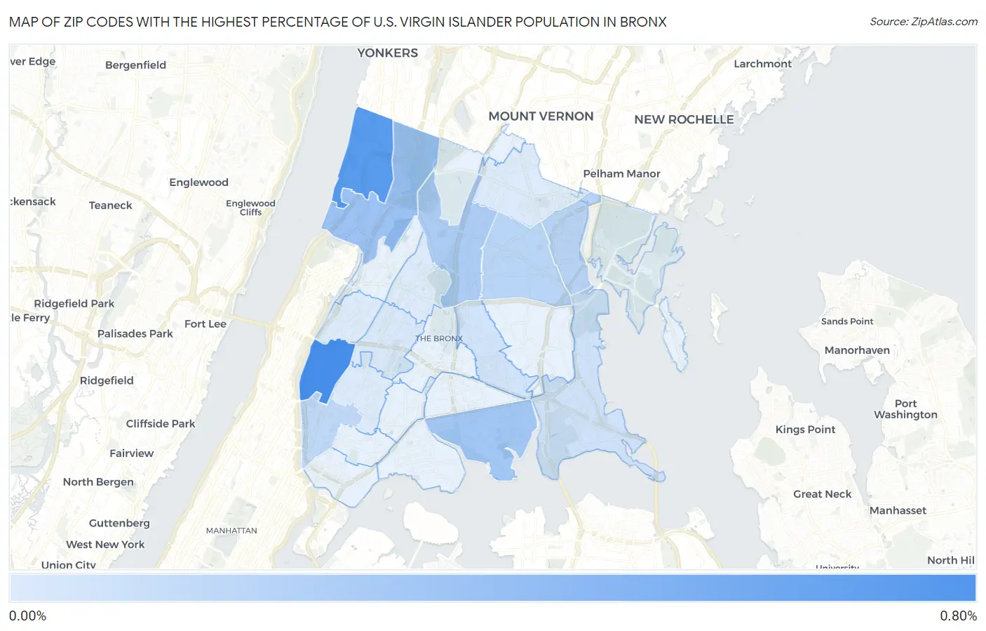 Zip Codes with the Highest Percentage of U.S. Virgin Islander Population in Bronx Map