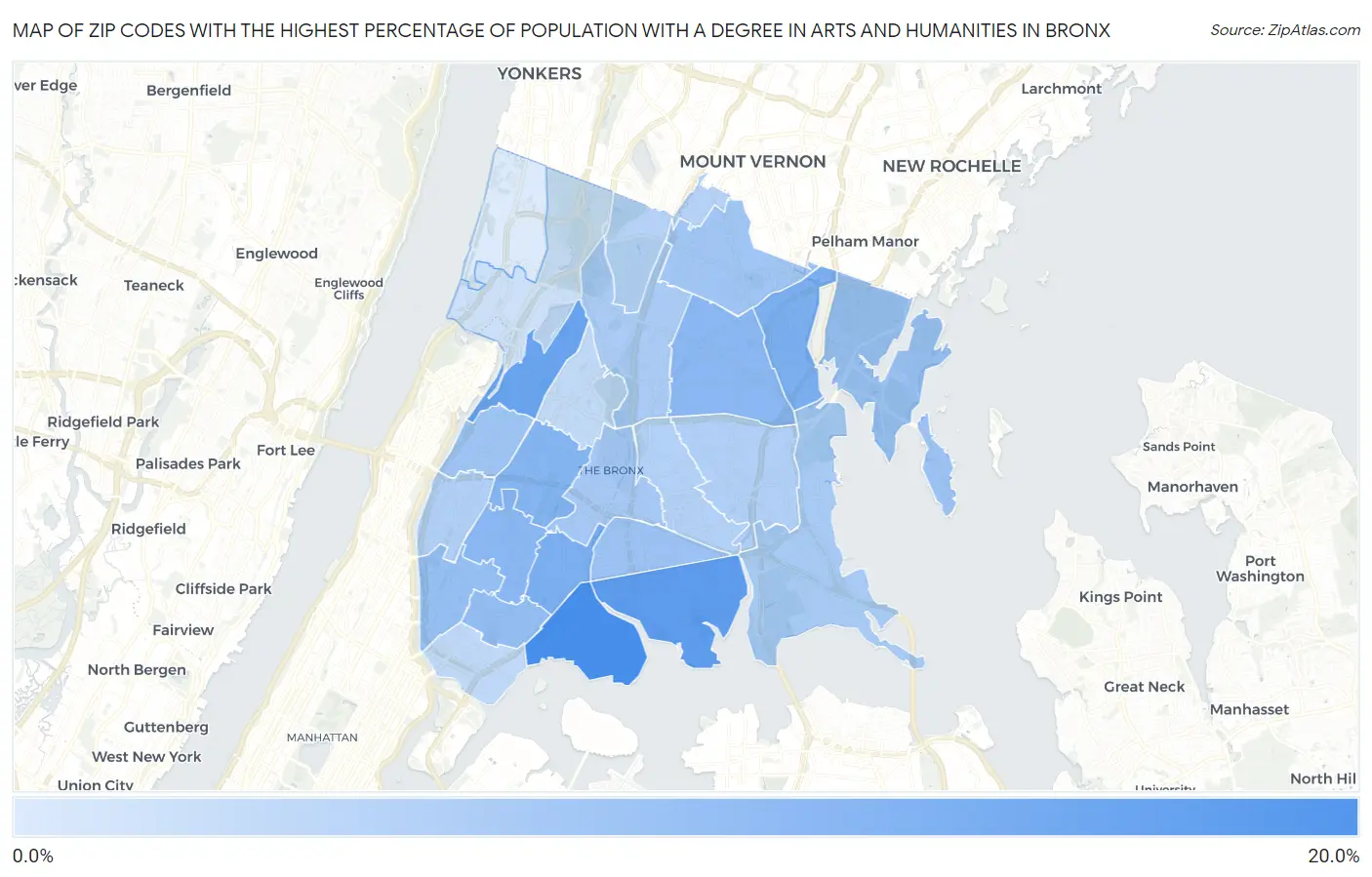Zip Codes with the Highest Percentage of Population with a Degree in Arts and Humanities in Bronx Map
