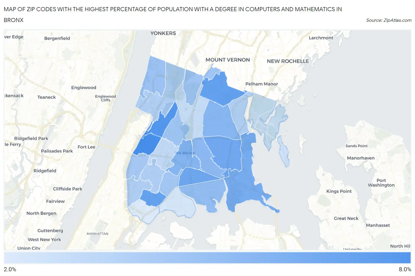 Zip Codes with the Highest Percentage of Population with a Degree in Computers and Mathematics in Bronx Map