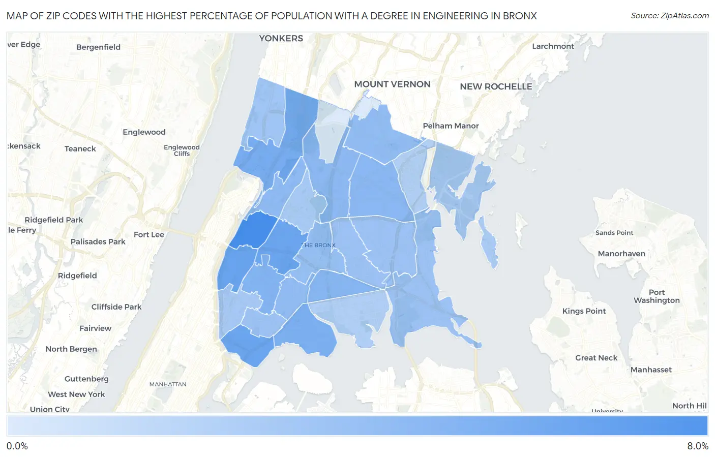 Zip Codes with the Highest Percentage of Population with a Degree in Engineering in Bronx Map