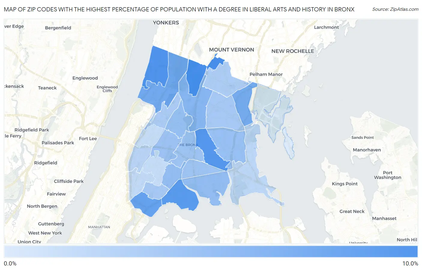 Zip Codes with the Highest Percentage of Population with a Degree in Liberal Arts and History in Bronx Map