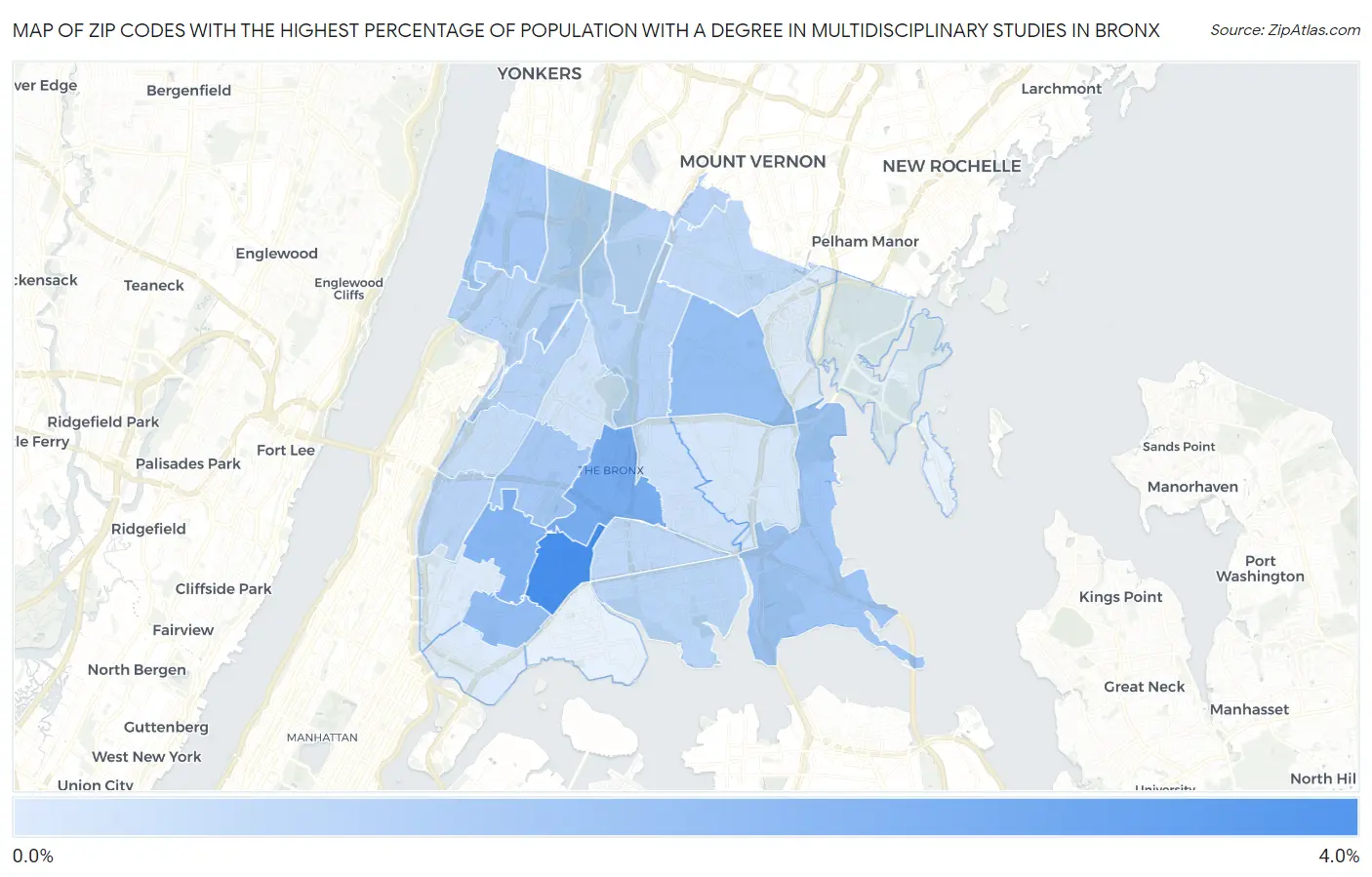 Zip Codes with the Highest Percentage of Population with a Degree in Multidisciplinary Studies in Bronx Map