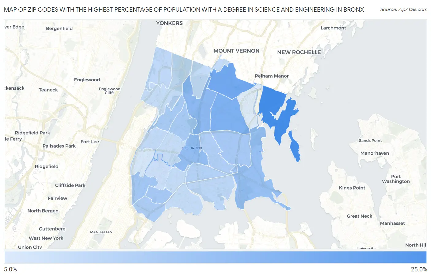 Zip Codes with the Highest Percentage of Population with a Degree in Science and Engineering in Bronx Map