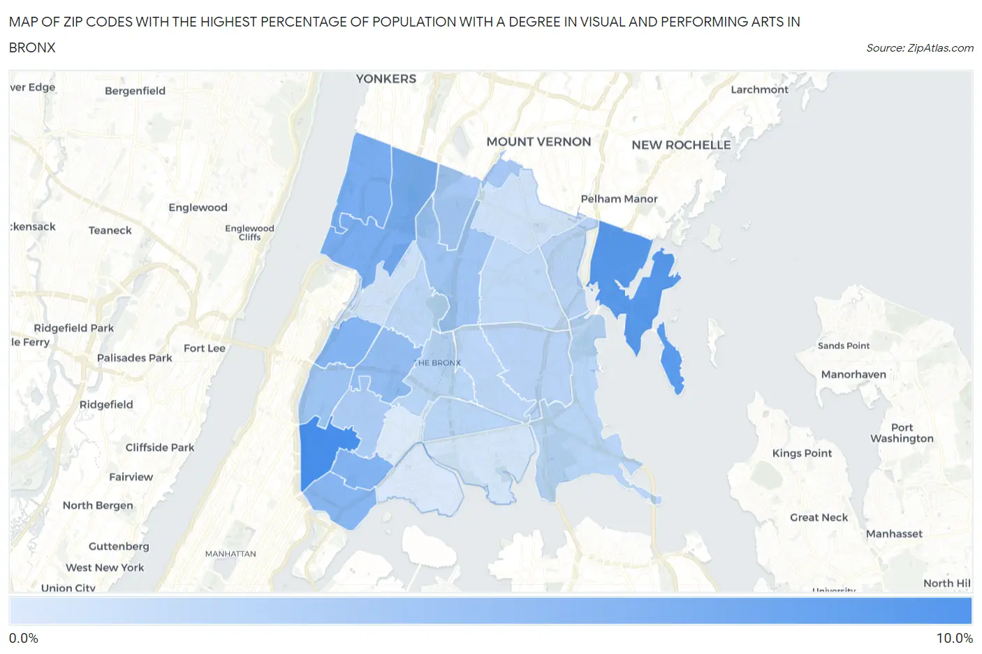 Zip Codes with the Highest Percentage of Population with a Degree in Visual and Performing Arts in Bronx Map