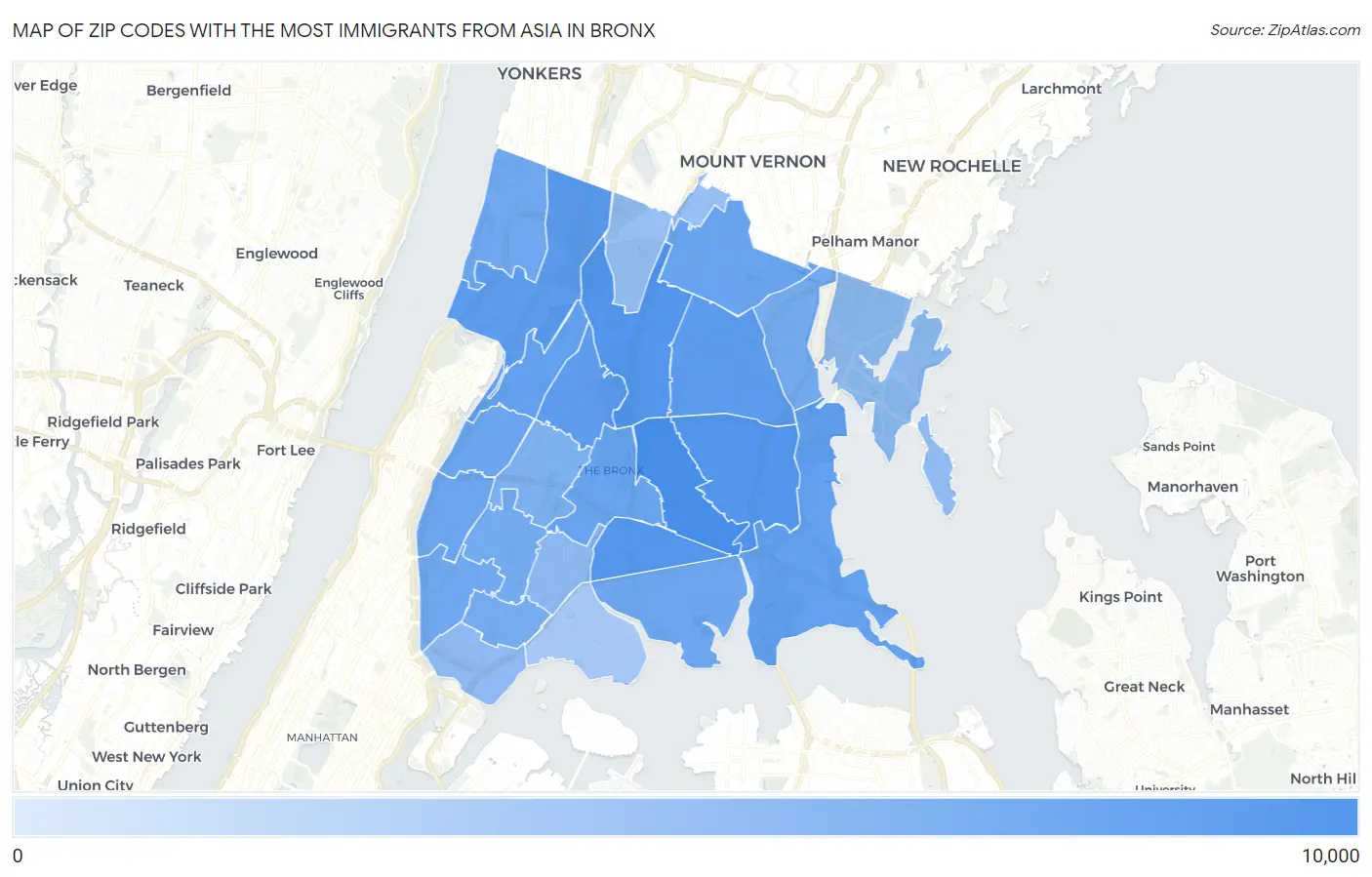 Zip Codes with the Most Immigrants from Asia in Bronx Map