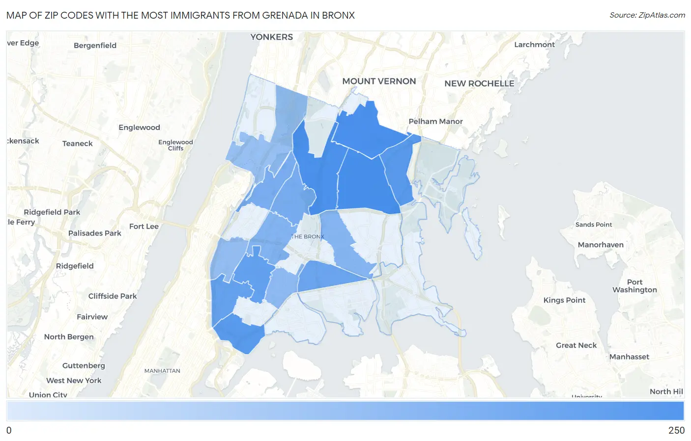Zip Codes with the Most Immigrants from Grenada in Bronx Map