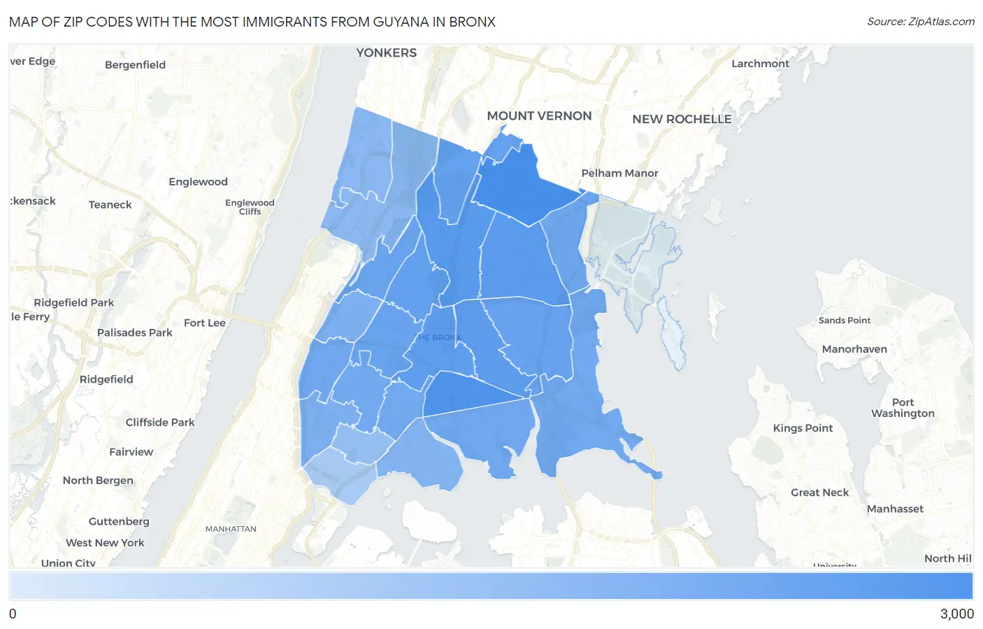 Zip Codes with the Most Immigrants from Guyana in Bronx Map