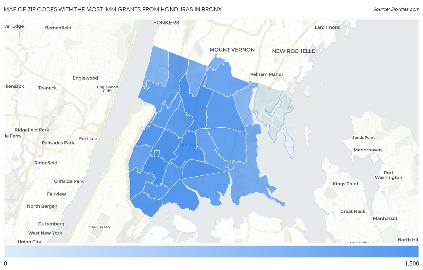 Zip Codes with the Most Immigrants from Honduras in Bronx Map