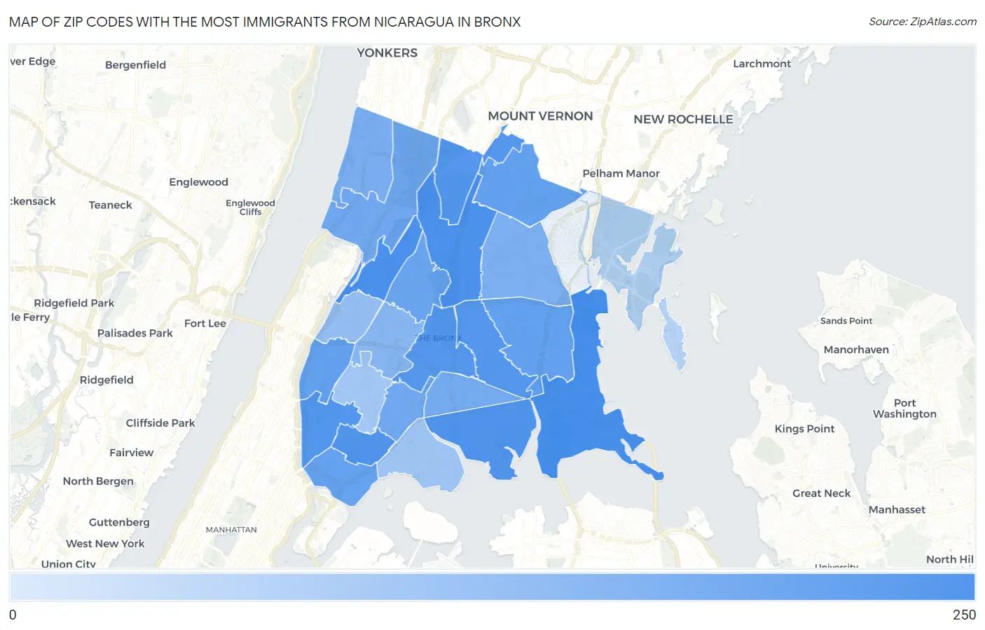 Zip Codes with the Most Immigrants from Nicaragua in Bronx Map