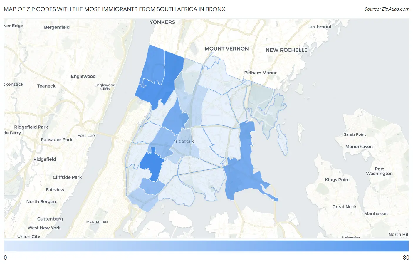 Zip Codes with the Most Immigrants from South Africa in Bronx Map