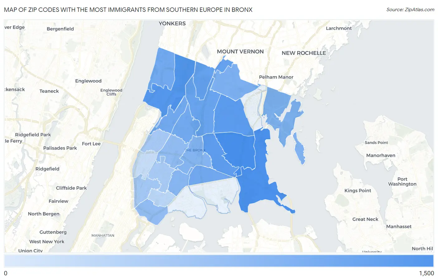 Zip Codes with the Most Immigrants from Southern Europe in Bronx Map