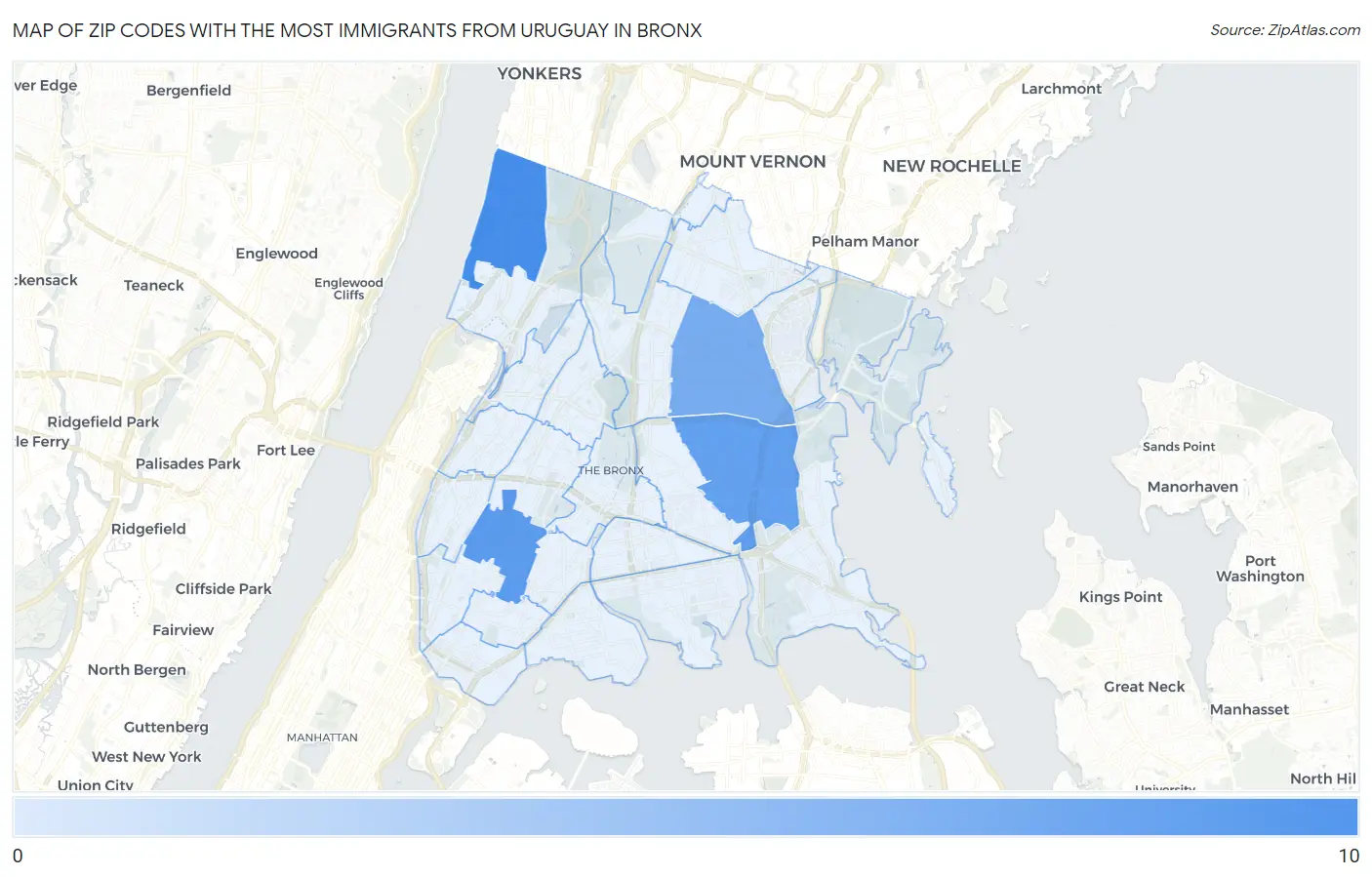 Zip Codes with the Most Immigrants from Uruguay in Bronx Map