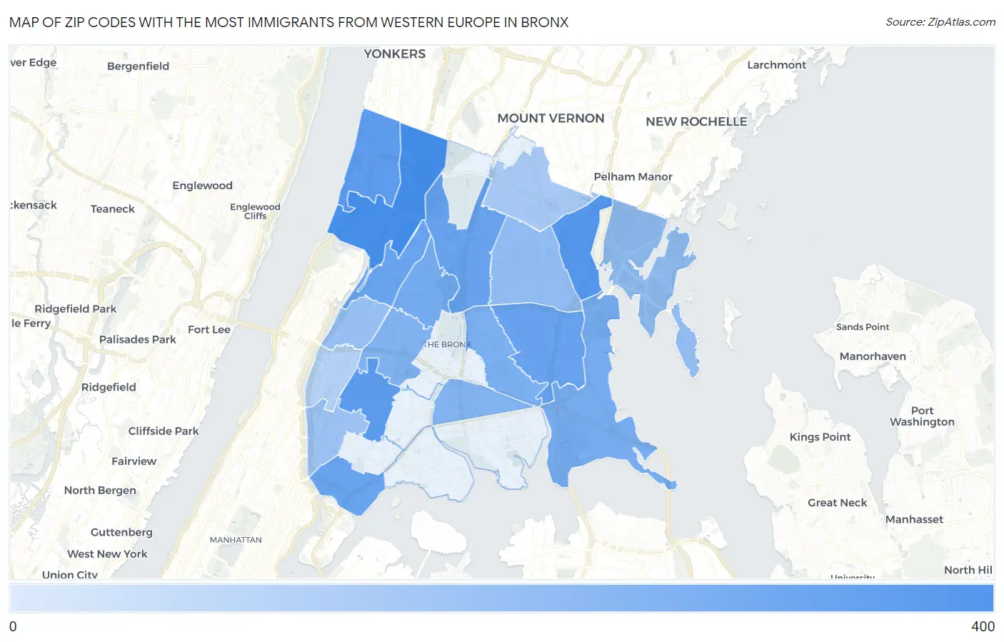 Zip Codes with the Most Immigrants from Western Europe in Bronx Map