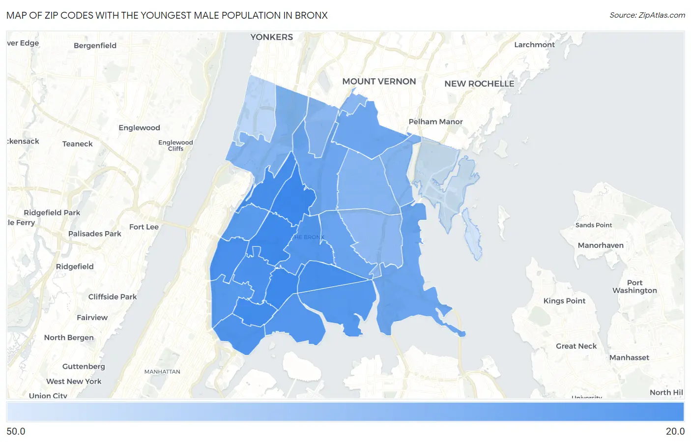 Zip Codes with the Youngest Male Population in Bronx Map