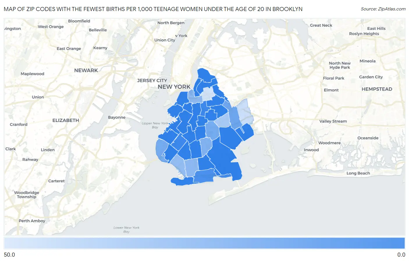 Zip Codes with the Fewest Births per 1,000 Teenage Women Under the Age of 20 in Brooklyn Map