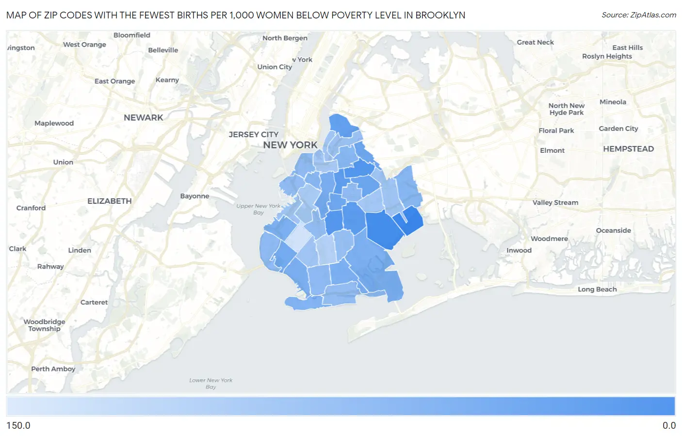 Zip Codes with the Fewest Births per 1,000 Women Below Poverty Level in Brooklyn Map