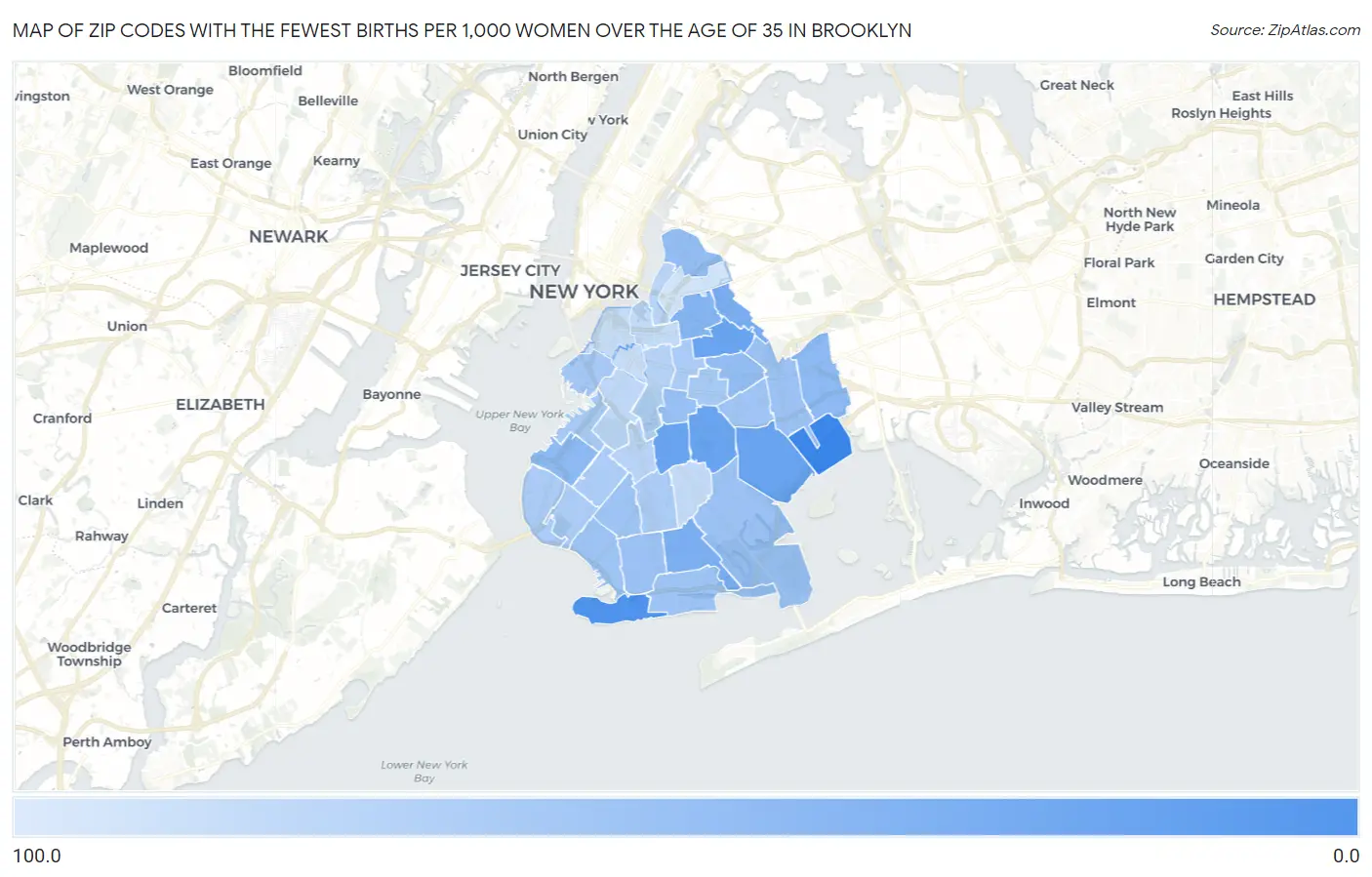 Zip Codes with the Fewest Births per 1,000 Women Over the Age of 35 in Brooklyn Map
