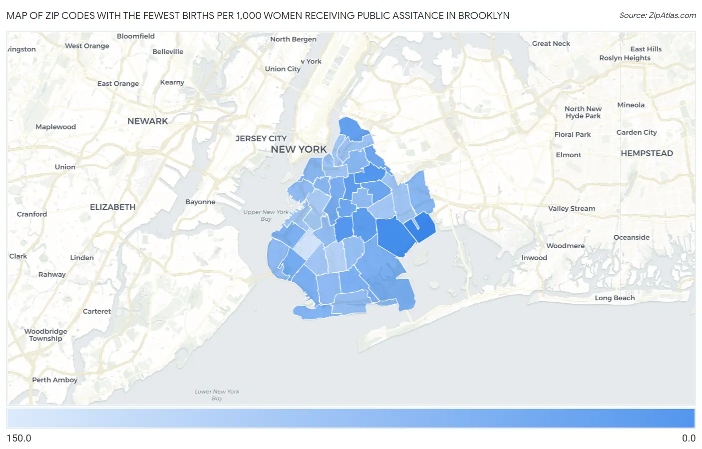 Zip Codes with the Fewest Births per 1,000 Women Receiving Public Assitance in Brooklyn Map