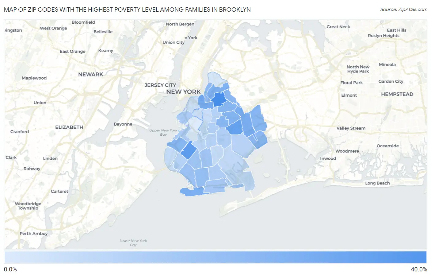 Zip Codes with the Highest Poverty Level Among Families in Brooklyn Map