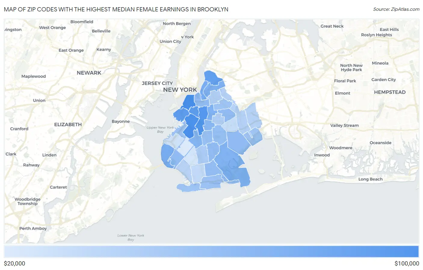 Zip Codes with the Highest Median Female Earnings in Brooklyn Map