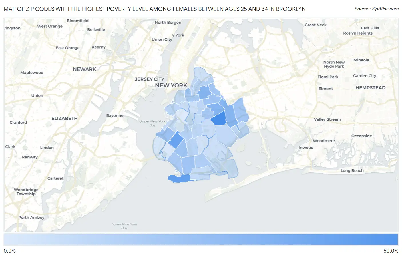 Zip Codes with the Highest Poverty Level Among Females Between Ages 25 and 34 in Brooklyn Map