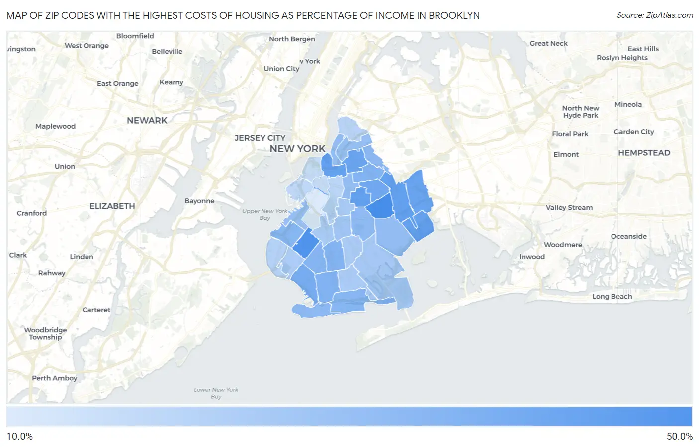 Zip Codes with the Highest Costs of Housing as Percentage of Income in Brooklyn Map