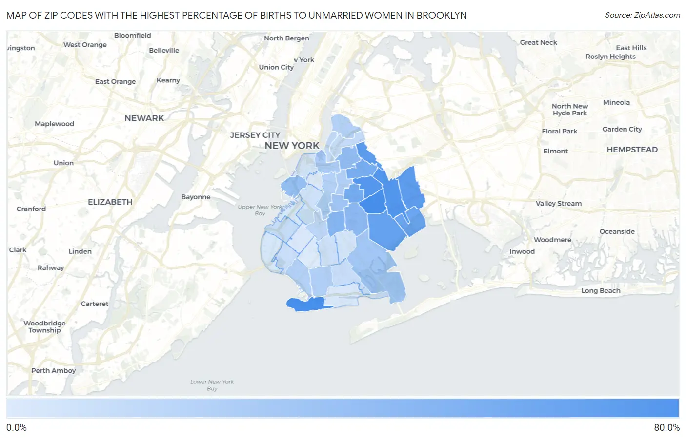 Zip Codes with the Highest Percentage of Births to Unmarried Women in Brooklyn Map