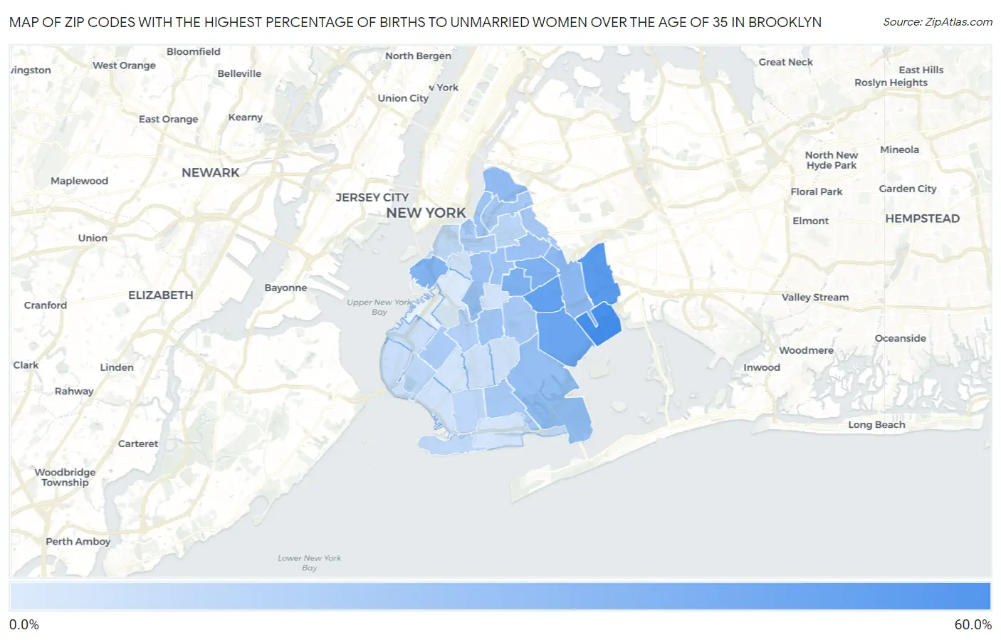 Zip Codes with the Highest Percentage of Births to Unmarried Women over the Age of 35 in Brooklyn Map