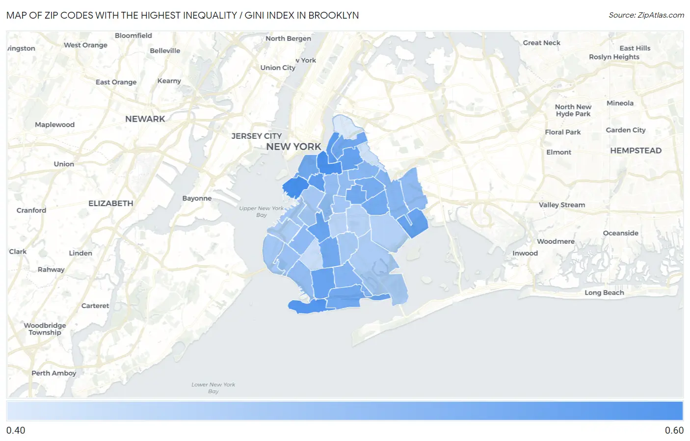 Zip Codes with the Highest Inequality / Gini Index in Brooklyn Map