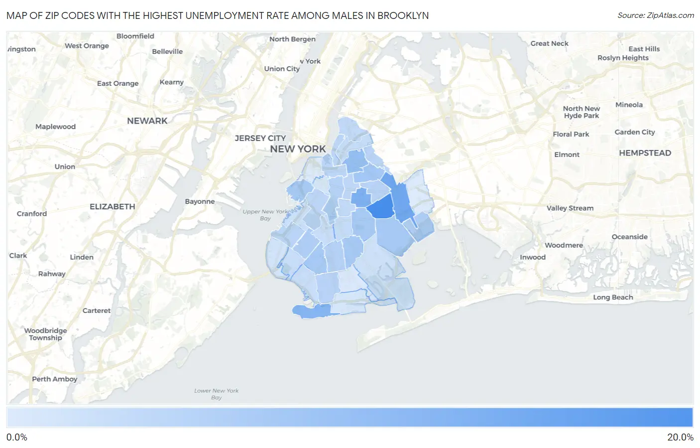 Zip Codes with the Highest Unemployment Rate Among Males in Brooklyn Map