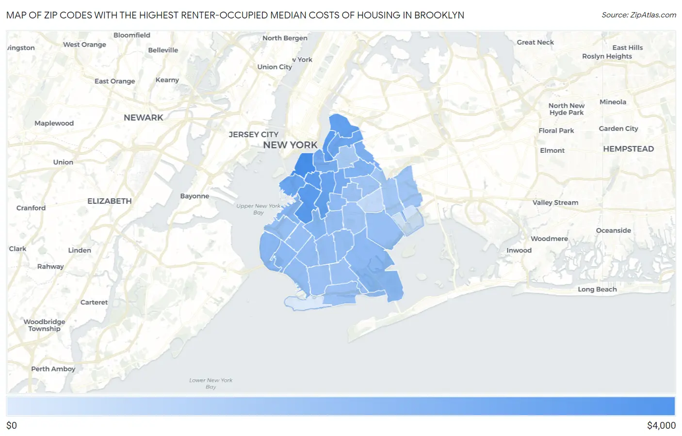 Zip Codes with the Highest Renter-Occupied Median Costs of Housing in Brooklyn Map