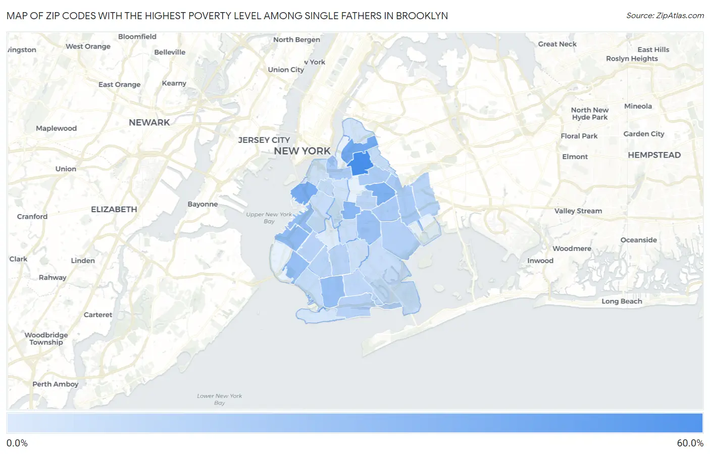 Zip Codes with the Highest Poverty Level Among Single Fathers in Brooklyn Map