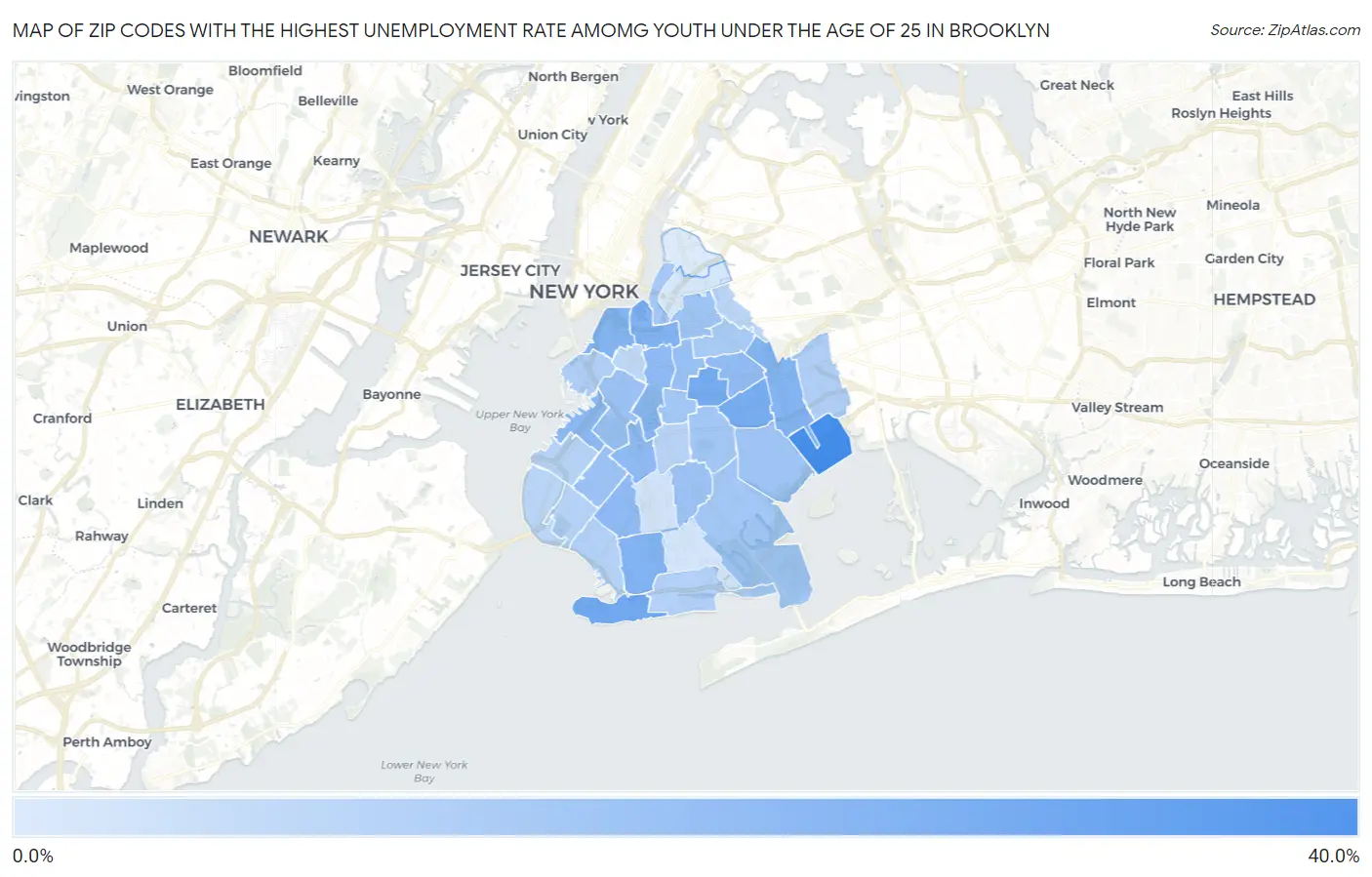 Zip Codes with the Highest Unemployment Rate Amomg Youth Under the Age of 25 in Brooklyn Map