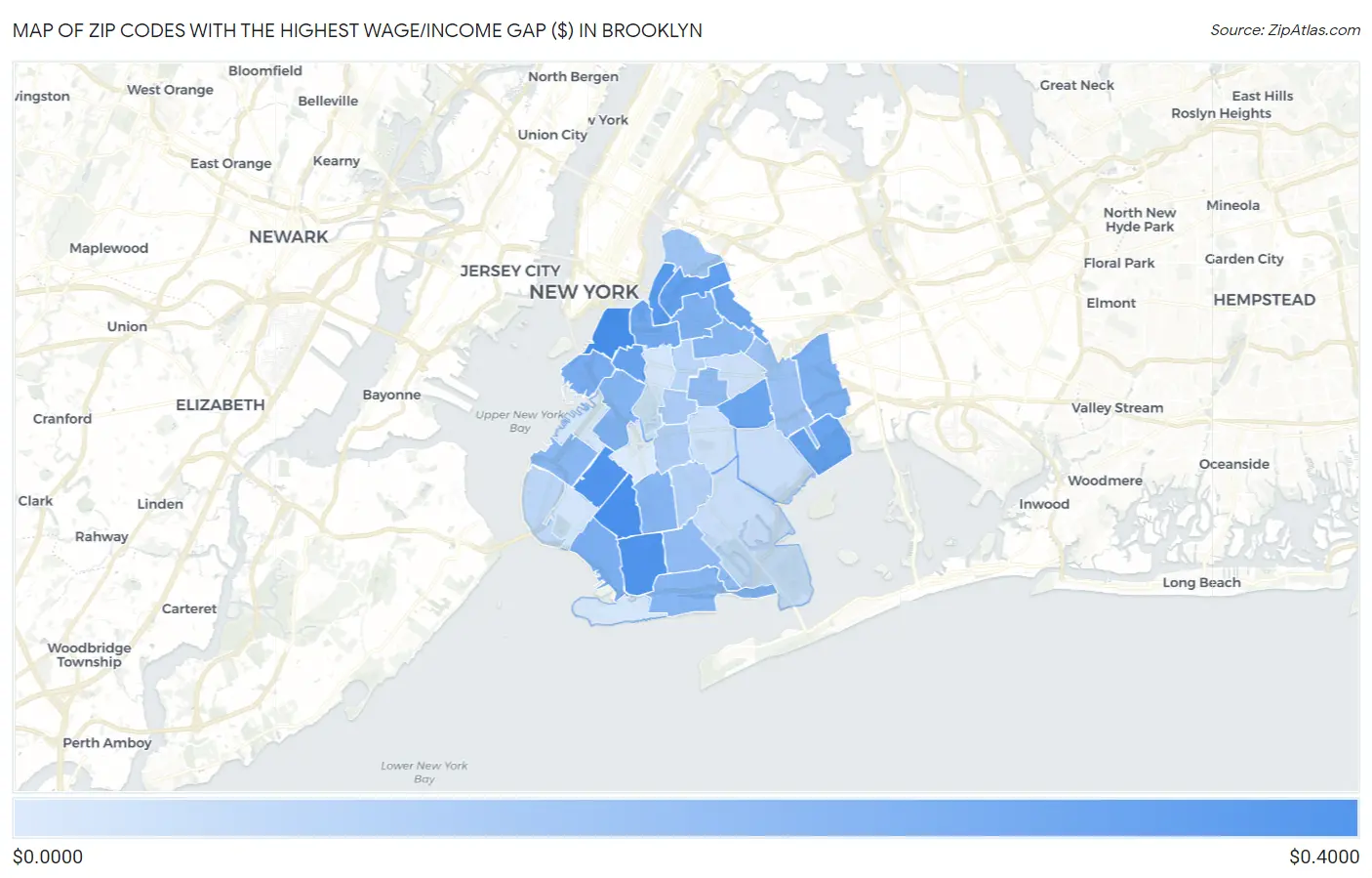 Zip Codes with the Highest Wage/Income Gap ($) in Brooklyn Map