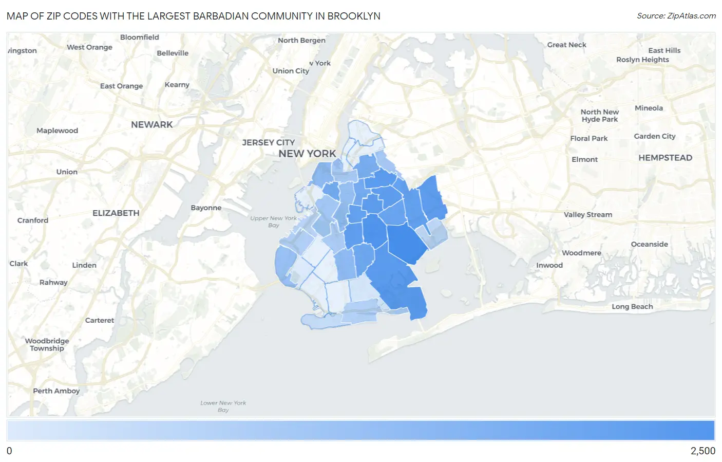 Zip Codes with the Largest Barbadian Community in Brooklyn Map