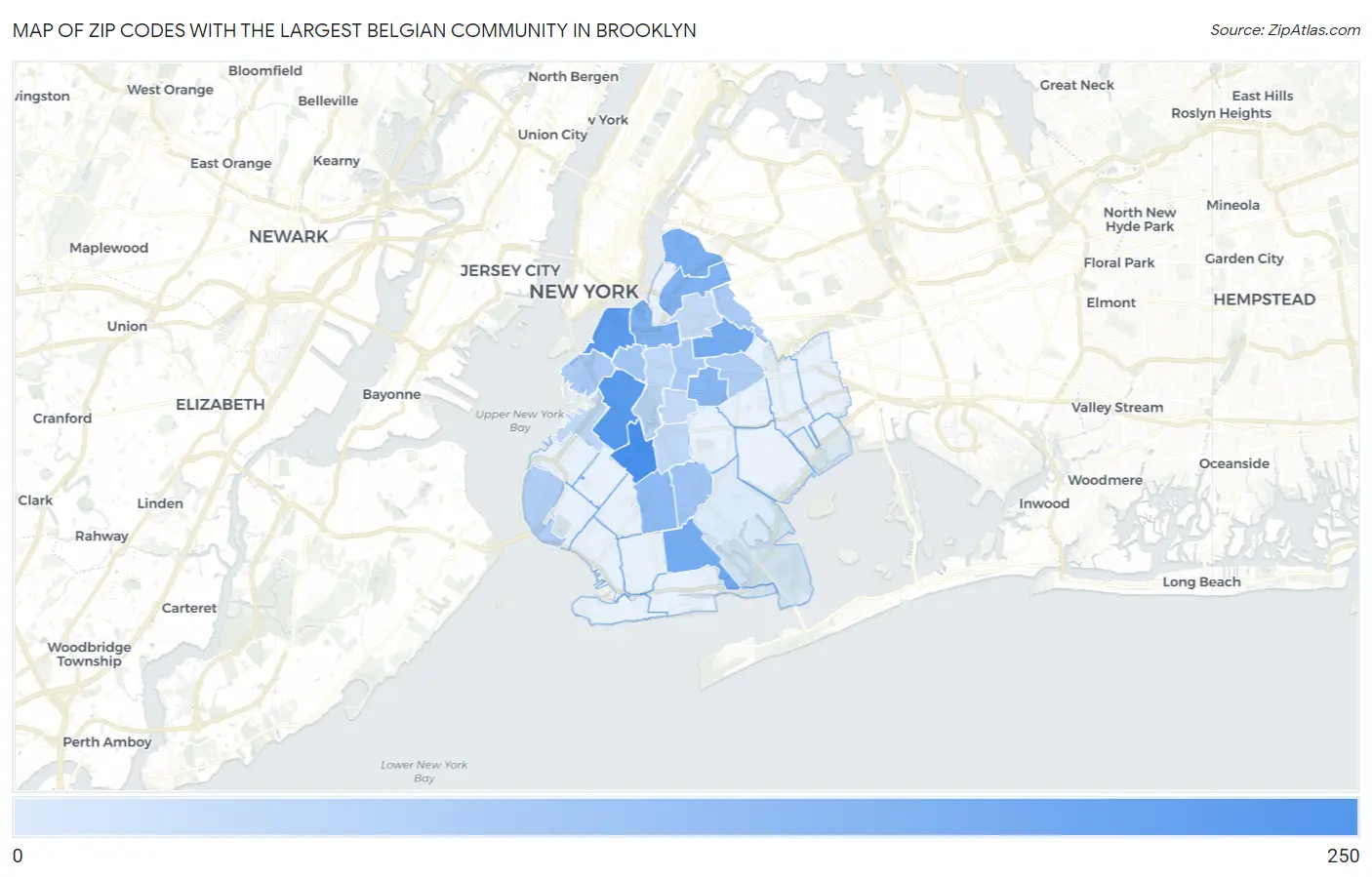 Zip Codes with the Largest Belgian Community in Brooklyn Map