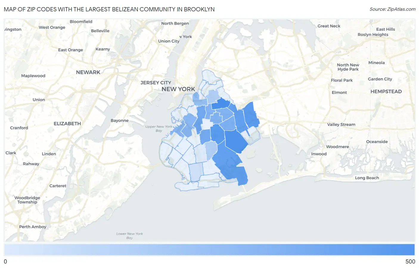 Zip Codes with the Largest Belizean Community in Brooklyn Map