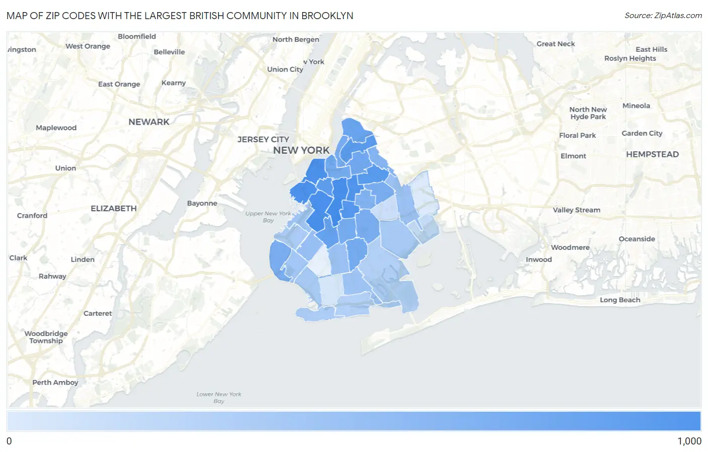Zip Codes with the Largest British Community in Brooklyn Map